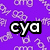 Purple background with repeating light purple text patterns and two black-outlined white text elements reading 'cya' and 'g2g'.