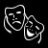Two theatrical masks with a pixelated grayscale appearance, one smiling and one frowning, positioned next to the text "DRAMA DORK" on a black background.