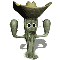Pixelated cactus character with cowboy hat, raised arms, and shadow on white background.