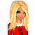 Pixel art buddy icon featuring a blonde woman in red clothing with text elements arranged around her on a white background.