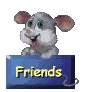 Pixelated mouse avatar with gray fur, green eyes, and pink ears holds a blue sign reading 'Friends' in yellow text.