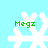 Four white pixelated snowflakes on a light blue background, each with green text reading "Megz" above them.