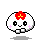 Pixel art animated contact sheet showing a white egg-shaped character with red flower on head performing various actions across 10 frames including smiling, blushing, holding papers, and displaying question marks.