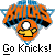 Pixelated orange and blue sports-themed buddy icon featuring a yellow running stick figure inside an orange circle with "Go Knicks!" text below, on gray background.