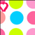 Pixelated pattern of multicolored circles with red heart and arrow icons on white background.