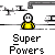 Animated contact sheet of a yellow stick figure character with white head and green effects, displayed in 15 frames across four columns on gray background with "Super Powers" text below each frame.