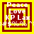 Four identical square icons arranged in a , each with layered yellow and maroon borders surrounding white text reading Peace Love KPLax and symbols at the bottom