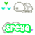 Pixelated icons display heart, skull-and-crossbones, and creature motifs with 'sreya' text in green, blue, and red backgrounds.