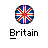 Circular pixelated icon with Union Jack pattern above black-and-white text reading "Britain" on gray background.