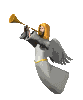 Pixelated angel figure with blonde hair and gray wings plays golden horn while floating against light gray background.