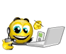 Animated yellow cartoon character with headphones, green eyes, and a wide smile holding a laptop, performing sequential hand gestures.