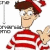 Pixelated cartoon character in red and white striped shirt with brown hair, holding a small dog-like figure against a plain background.