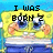 Pixelated cartoon character with yellow body, blue eyes, and orange arms, wearing blue pants, with text above head reading "I WAS BORN 2" on left and "LOOK LIKE THIS!!!" on right.