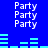 Blue background with repeated white 'Party' text and cyan horizontal bars in a pattern