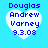 Four identical pixelated heart-shaped icons with blue text on a light blue background, each displaying 'Douglas Andrew Varney 9.3.08' in a retro digital style.
