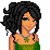 Pixelated cartoon-style icon of a woman with voluminous black hair, green eyes, and an orange skin tone wearing a green strapless top with a star-shaped pendant necklace.