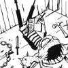 Black-and-white comic-style animation showing a character's chaotic day with scattered tools, text, and shifting expressions