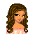 Pixel art contact sheet showing multiple views of a cartoon female character with long brown hair, pink top, white skirt, and black strappy sandals across six frames.