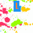 six pixelated showing sequential text changes on a blue background with colorful abstract shapes