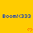 Yellow background displays blue 'Boom!<(333' text and orange hearts in a pattern with partial gray overlay on bottom-right