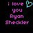 Pixelated text reads 'i love you Ryan Sheckler' with a cyan heart symbol replacing the word 'love', displayed on black background.