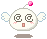 Pixelated white circular character with wings, pink cheeks, and a brown mouth; four variations show changing eye symbols while maintaining consistent pose.