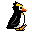 Pixelated penguin avatar with black, white, orange, and yellow colors in multiple poses including side view, back view, front view, and falling pose.