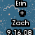 Pixelated blue background with white speckles, black rectangular text boxes containing 'Erin', '+', 'Zach', and '9.16.08' in white pixelated font.