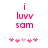 Pixelated pink text 'i luvv sam' above five heart symbols, with one heart changing color between frames.