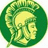 Pixelated green circular icon with a profile of a helmeted figure, adjacent to green and gray with text
