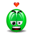 Green cartoon head with black eyebrows, white eyes, red mouth, and tongue sticking out; heart symbols appear in various positions above the head.