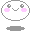 Two side-by-side pixel art frames of a white rounded character with gray eyes, pink cheeks, and a smiling mouth on a gray background.
