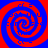 Four red and blue spiral patterns arranged in a on a solid background, with no visible motion or text elements