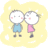 Two pixelated figures with gray heads and pink cheeks stand side-by-side against a yellow background, one in blue shorts, the other in a pink dress.