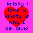 Four identical pixelated red hearts on a bright pink background, each containing blue text reading "kristy i love u kristy is why I am alvie".