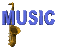 Animated sequence of golden saxophones with blue 'MUSIC' text in various positions against a gray background.