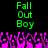 Pixelated static icon featuring green text "Fall Out Boy" above a pink/purple pixelated crowd scene on black background