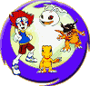 Circular digital icon with colorful border showing animated character and creature pairings in a