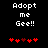 Pixelated text "Adopt me Gee!!" above red heart symbols on a black background, with two variations of heart positions.