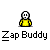 Animated contact sheet of Zap Buddy icon frames showing character transformations with particle effects and flame accents on a gray background.