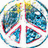 A circular peace symbol icon with a colorful, pixelated background of blue and red tones.