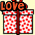 Three pixelated gift boxes with red-and-white checkered patterns and red ribbons, each displaying the word "Love" in different colors.