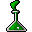 Pixelated green beaker icon with black outline, white accents, and gray background elements on a solid light gray backdrop.