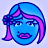 Pixelated blue-skinned face with pink hair and a bow, light blue eyes, purple lips, static image on pale lavender background.
