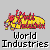 Pixel art animation of a green-shirted character performing gymnastics on a brown balance beam with a gray background and "World Industries" text above three flame-like icons.