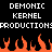 Pixelated text and orange flames on black background with repeated 'DEMONIC KERNEL PRODUCTIONS' text.