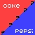 Pixelated of red and blue diagonal sections with 'coke' text top-left, 'pepsi;' bottom-right, and small question marks scattered across the image