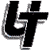Pixelated black 'UT' letters with gray outlines on white background, featuring a small blue pixel near the bottom left of the 'U'.