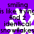 Purple background with white snowflake shapes and black text reading 'smiling is like trying to find 2 identical snowflakes' in pixelated font.