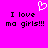 Bright pink background with black pixelated text reading "I love ma girls!!!" and a white pixelated heart symbol above the text.